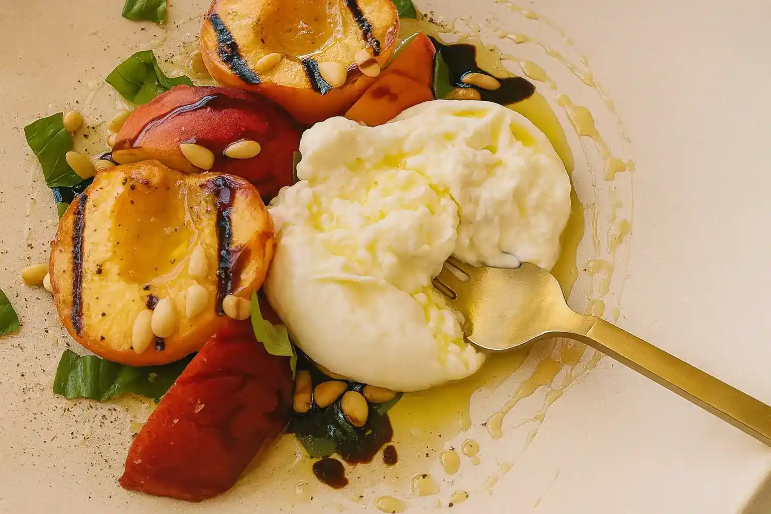 Peach Burrata Salad with Basil & Toasted Pine Nuts