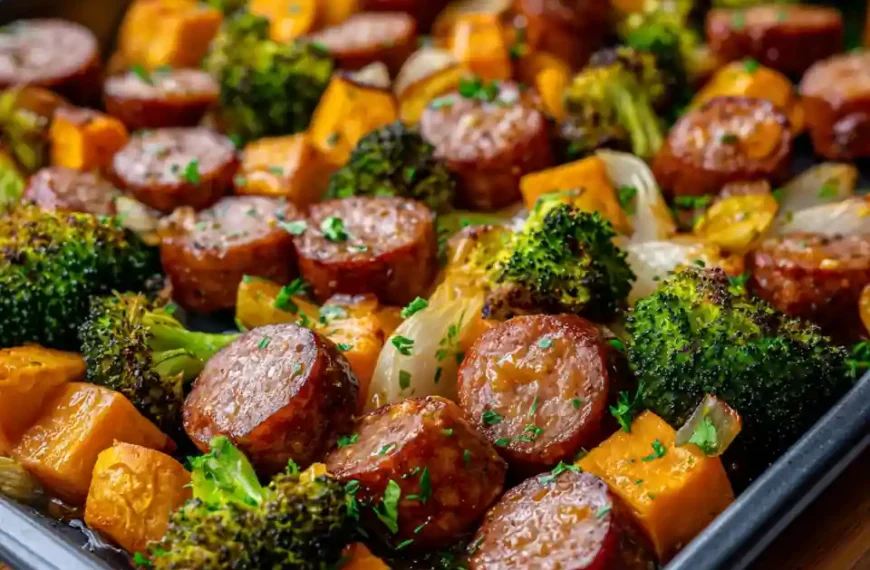 Sheet Pan Sausage and Sweet Potatoes with Honey Garlic Sauce