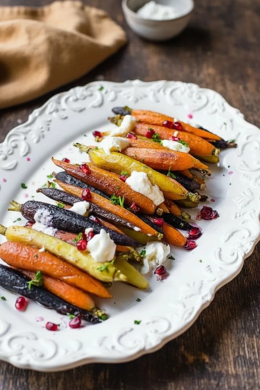 Honey Roasted Rainbow Carrots with Burrata and Pomegranate