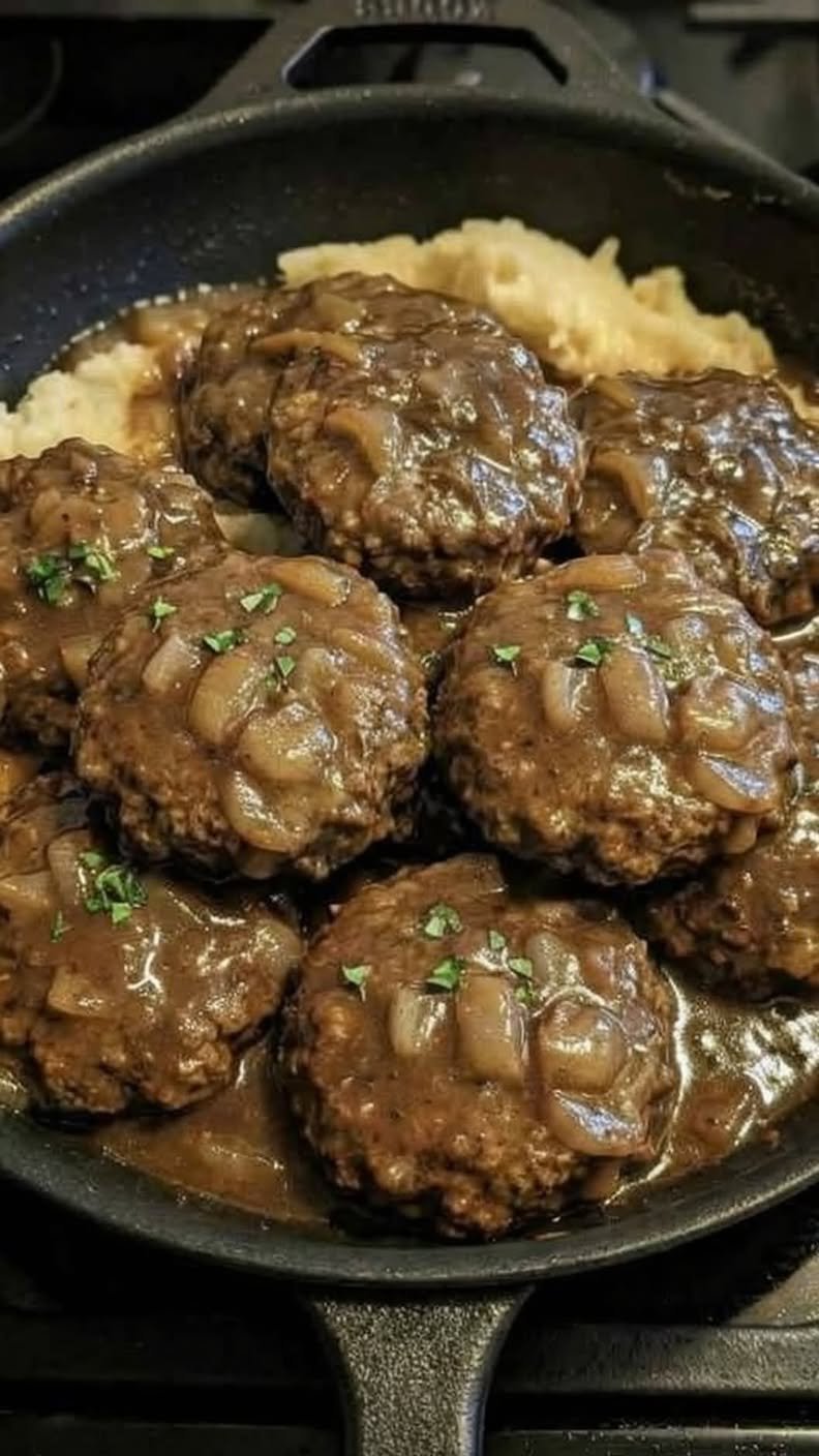 Salisbury Steak with Mushroom-Onion Gravy & Garlic Mashed Potatoes